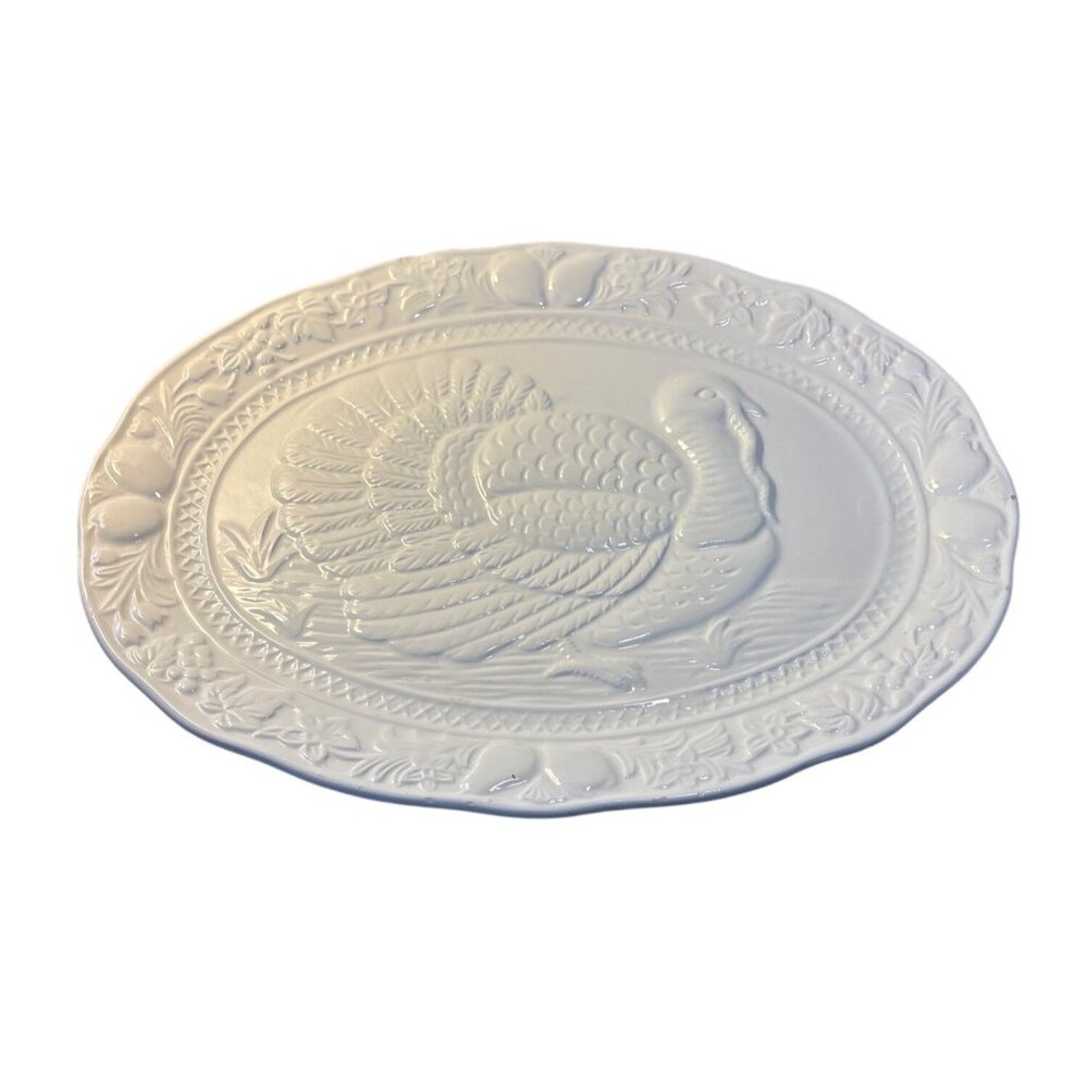 Vintage Himark Turkey Platter Tray White Ceramic Floral Border 19” X 14” Brazil